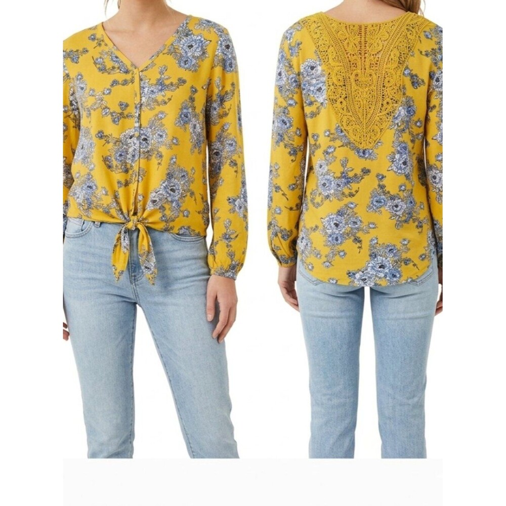 Yellow White Blue Floral Boho Summer Top Tie-Front Blouse Lace Detail XL (15-17)